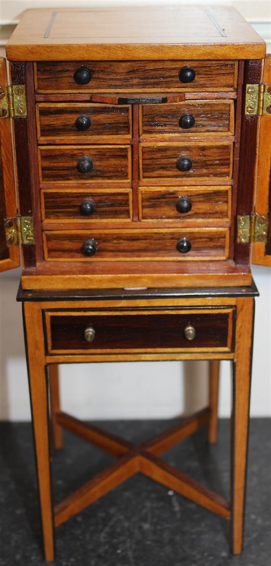 A Fergus Lane miniature Sheraton revival cylinder bureau bookcase, cylinder bureau bookcase 13in.